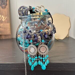 Turquoise and Silver Bohemian Blue Inspired Mystery Jewelry Jar